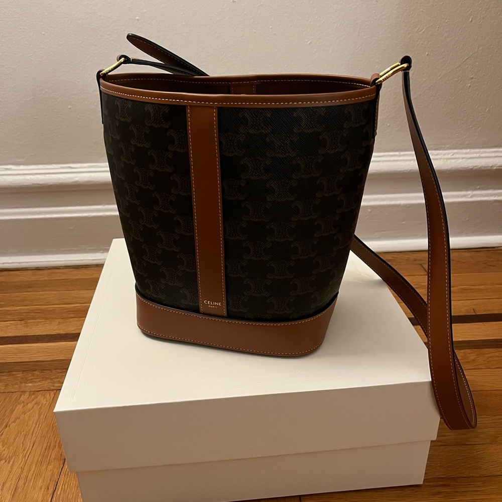 BRAND NEW never used Celine small bucketbag in triomphe logo canvas.